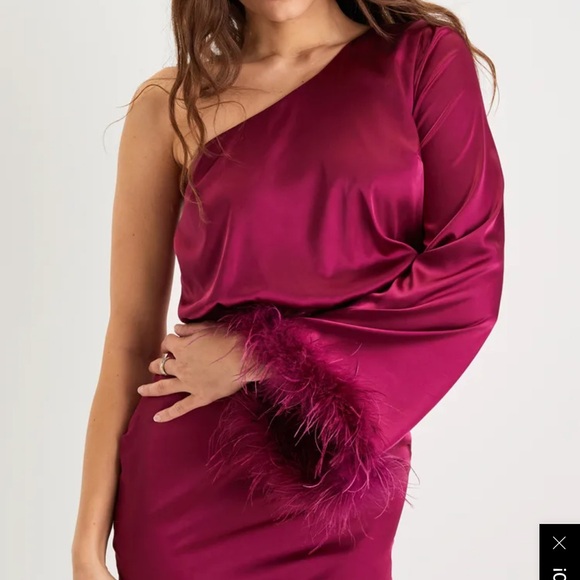 Lulus Magenta Satin One-Shoulder Feather Mini Dress - Picture 3 of 9